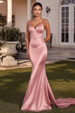 Pink Mermaid Spaghetti Straps Satin Long Prom Dress