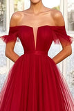 Red A-Line Off the Shoulder Tulle Prom Dress