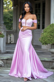 Lilac Mermaid Off the Shoulder Satin Long Formal Dress with Lace