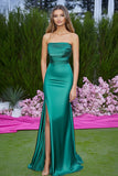 Green Mermaid Strapless Ruched Satin Long Formal Dress with Slit