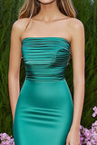 Green Mermaid Strapless Ruched Satin Long Formal Dress with Slit