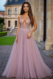 Sparkly Dusty Rose A-Line Deep V Neck Tulle Long Formal Dress