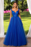 Sparkly Royal Blue V Neck Tulle Ruched Formal Dress