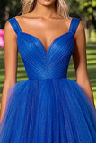 Sparkly Royal Blue V Neck Tulle Ruched Formal Dress