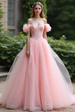 Pink Ball Gown Off the Shoulder Ruffles Tulle Long Formal Dress