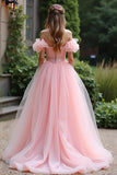 Pink Ball Gown Off the Shoulder Ruffles Tulle Long Formal Dress