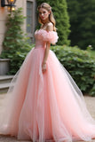 Pink Ball Gown Off the Shoulder Ruffles Tulle Long Formal Dress