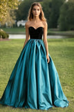 Black Peacock Blue Ball Gown Strapless Satin Pleating Long Formal Dress