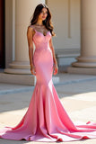 Pink Mermaid Satin Spaghetti Straps Long Formal Dress with Appliques