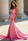 Pink Mermaid Satin Spaghetti Straps Long Formal Dress with Appliques