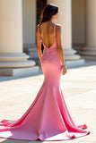 Pink Mermaid Satin Spaghetti Straps Long Formal Dress with Appliques