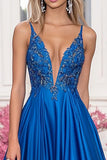 Sparkly Royal Blue A-Line Deep V Neck Appliques Satin Formal Dress with Sequins