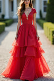 Sparkly Red A-Line Deep V Neck Ruffles Ball Gown with Beadings