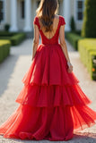 Sparkly Red A-Line Deep V Neck Ruffles Ball Gown with Beadings