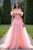 Princess Pink Ball Gown Ruffled Off the Shoulder Tulle Long Formal Dress with Beading