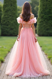 Princess Pink Ball Gown Ruffled Off the Shoulder Tulle Long Formal Dress with Beading