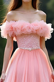 Princess Pink Ball Gown Ruffled Off the Shoulder Tulle Long Formal Dress with Beading