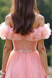 Princess Pink Ball Gown Ruffled Off the Shoulder Tulle Long Formal Dress with Beading