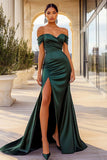 Dark Green Mermaid Off the Shoulder Satin Ruched Long Formal Dress with Slit