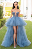 Grey Blue A Line Strapless Tulle High-Low Formal Dress