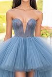 Grey Blue A Line Strapless Tulle High-Low Formal Dress