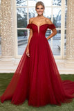 Sparkly Burgundy Ball Gown Off the Shoulder Tulle Long Formal Dress with Beading