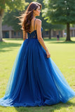 Navy Spaghetti Straps Tulle A-Line Long Prom Dress with Appliques