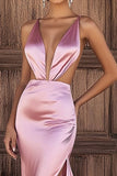 Pink V-Neck Sheath Cut Out Long Prom Dress with Slit