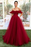 Burgundy Off the Shoulder Tulle A-Line Long Prom Dress