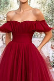 Burgundy Off the Shoulder Tulle A-Line Long Prom Dress