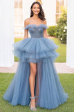 Grey Blue Spaghetti Straps Tulle Ruffled A-Line Long Prom Dress