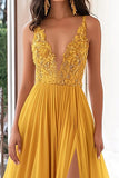 Yellow Chiffon V-Neck A-Line Appliqued Long Prom Dress with Slit