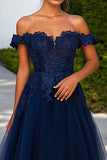 Navy Tulle Off the Shoulder A-Line Long Prom Dress with Appliques