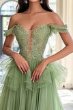 Dusty Sage Tulle Off the Shoulder A-Line Long Prom Dress with Lace Appliques