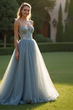 Grey Blue Tulle Spaghetti Straps A-Line Long Prom Dress with Sequins