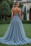 Grey Blue Tulle Spaghetti Straps A-Line Long Prom Dress with Sequins