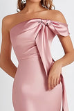 Pink Satin Sheath Pleated Strapless Formal Dress