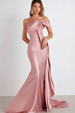 Pink Satin Sheath Pleated Strapless Formal Dress