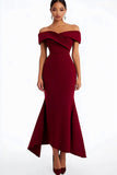 Burgundy Sheath Off the Shoulder Long Formal Dress