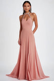 Halter Chiffon Pink Sheath Ruched Formal Dress with Beading