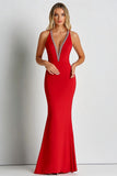 Red Matte Satin Deep V-Neck Sheath Formal Dress