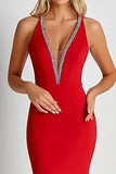 Red Matte Satin Deep V-Neck Sheath Formal Dress