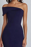 Navy Crepe One Shoulder Sheath Formal Dress with Slit