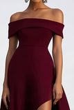 Off the Shoulder Sheath Burgundy Crepe Formal Dress