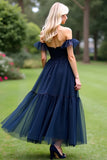 Navy Off the Shoulder A Line Formal Dress