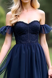 Navy Off the Shoulder A Line Formal Dress