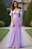 Lilac Lace Organza A Line Off the Shoulder Formal Dress