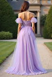 Lilac Lace Organza A Line Off the Shoulder Formal Dress