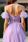 Lilac Lace Organza A Line Off the Shoulder Formal Dress