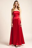 Red Satin A Line Strapless Long Formal Dress